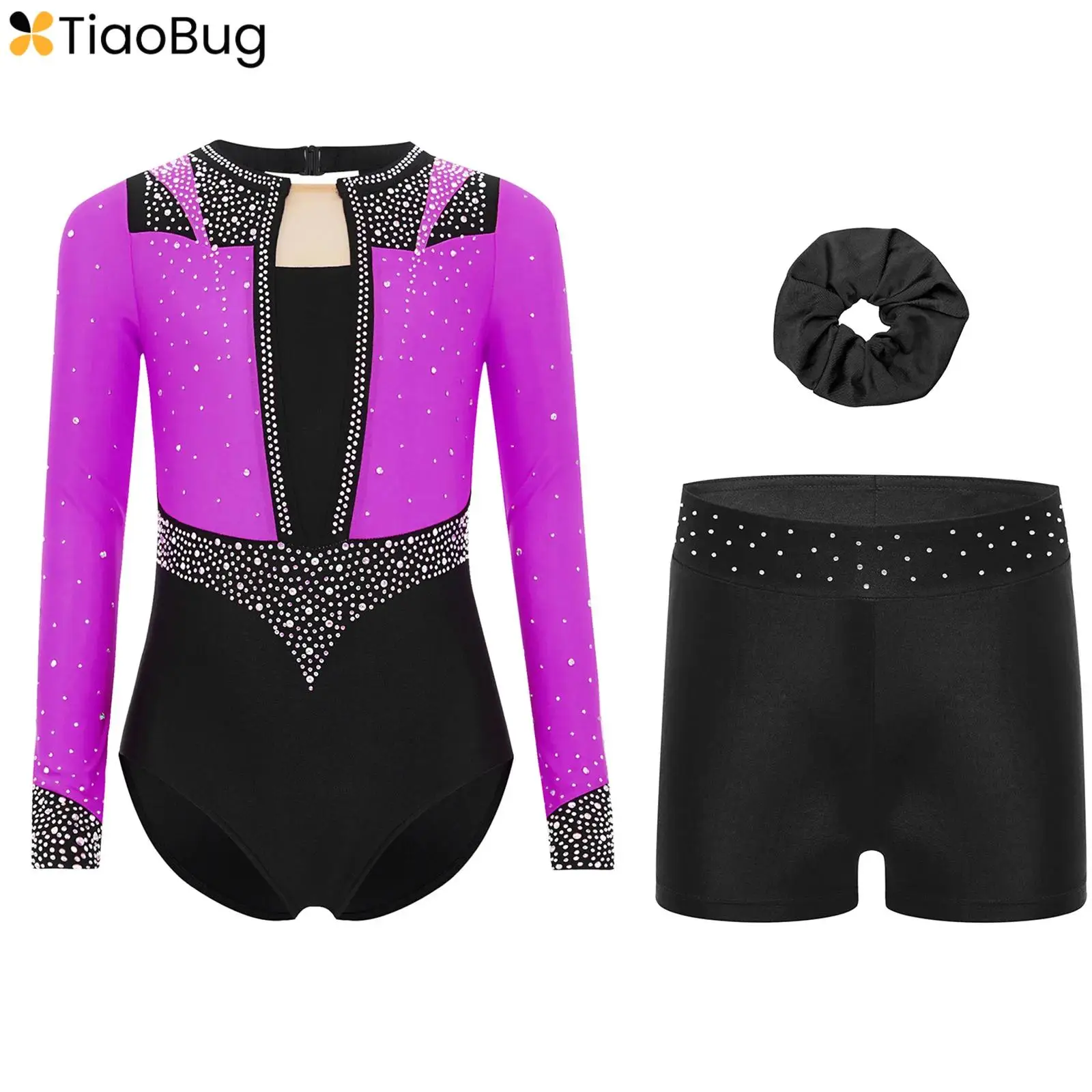 

Girls Gymnastics Figure Skating Dance Outfit Long Sleeve Keyhole Back Shiny Rhinestones Leotard with Shorts and Hair Band