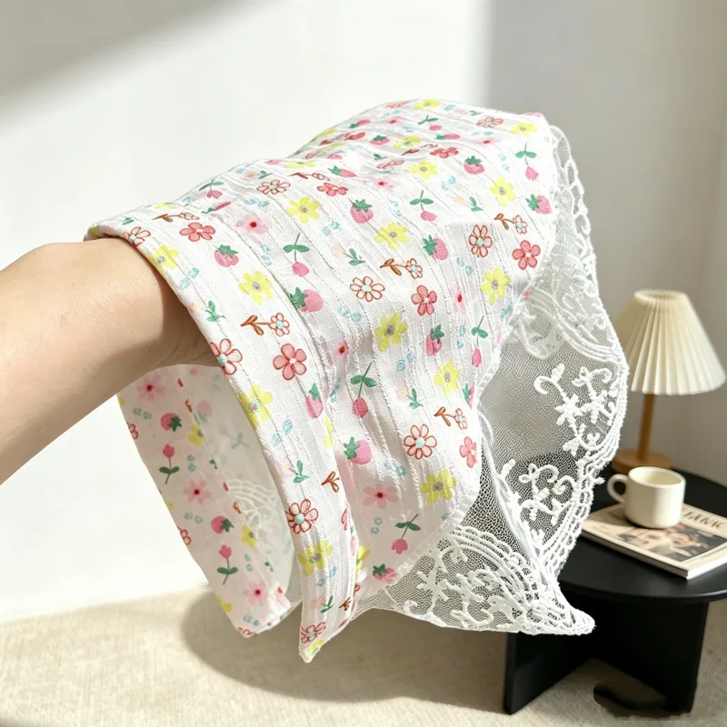 Headband French Triangle Scarf Floral Print Lace Trim Sweet Fairy Style for Women Girls Casual Wedding Party Breathable Ivory