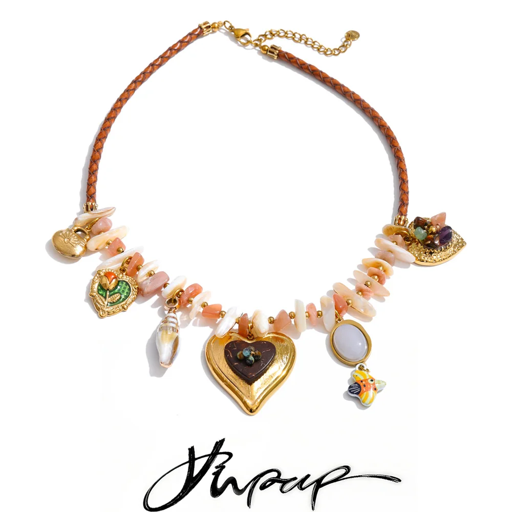 Yhpup New Arrivals Handmade Jewelry Stainless Steel Shell Chain Heart Flower Drop Charm Statement Necklace Accessories