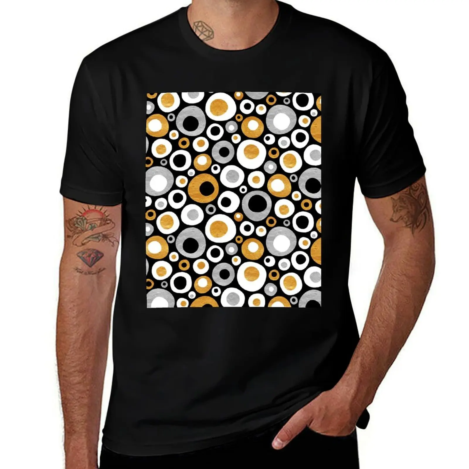 Funky Mid Century Modern Circles - Gold, Silver, Black, White T-Shirt Construction Work Tee Shirt T-Shirt