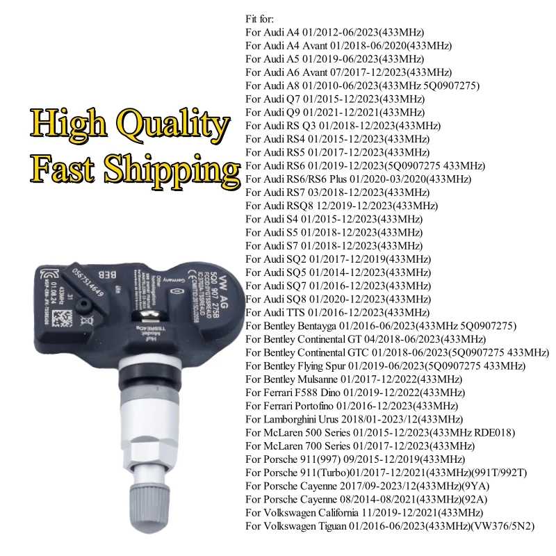 4PCS Tire Pressure Sensor 433MHZ tpms For Audi A4 A5 A6 A8 Q7 Q9 RS Bentley Ferrari Porsche 911 VW California Tiguan 5Q0907275B