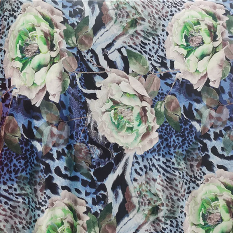 Buono, elastico a 4 vie, tessuto a maglia di seta del latte, tessuto di stampa leopardo bianco verde peonia/blu, fai da te, cucito