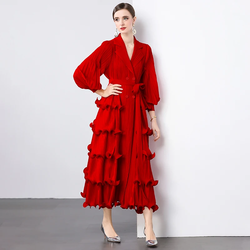 Vestido E de Manga Longa com Saia em Camadas e Lapela de X, Bordado Pesado, Manga Lanterninha, Tamanho Plus para Mu...