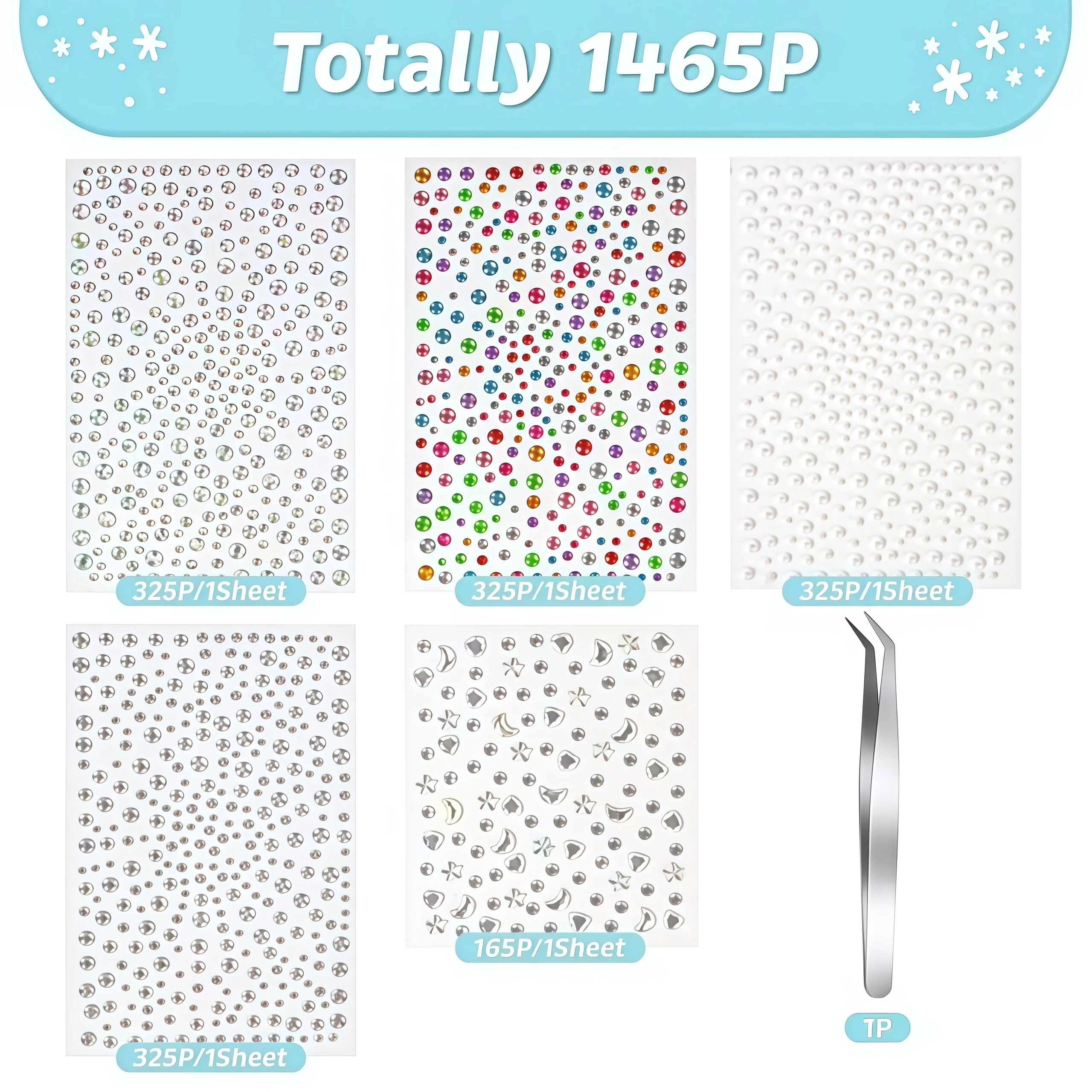 Self Adhesive Face Gems Stickers Multi‑Shape Rhinestone Eye Body Jewels Stick On Crystals For Festival Party Makeup With Tweezer