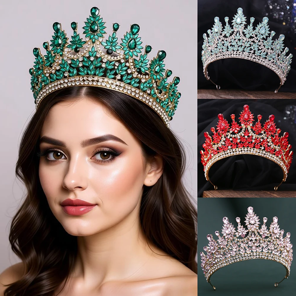 

Hot Sale Bride Rhinestone Headpiece Tiara Red Crystal Baroque Luxury Wedding Holiday Crown Elegant Bridal Accessories