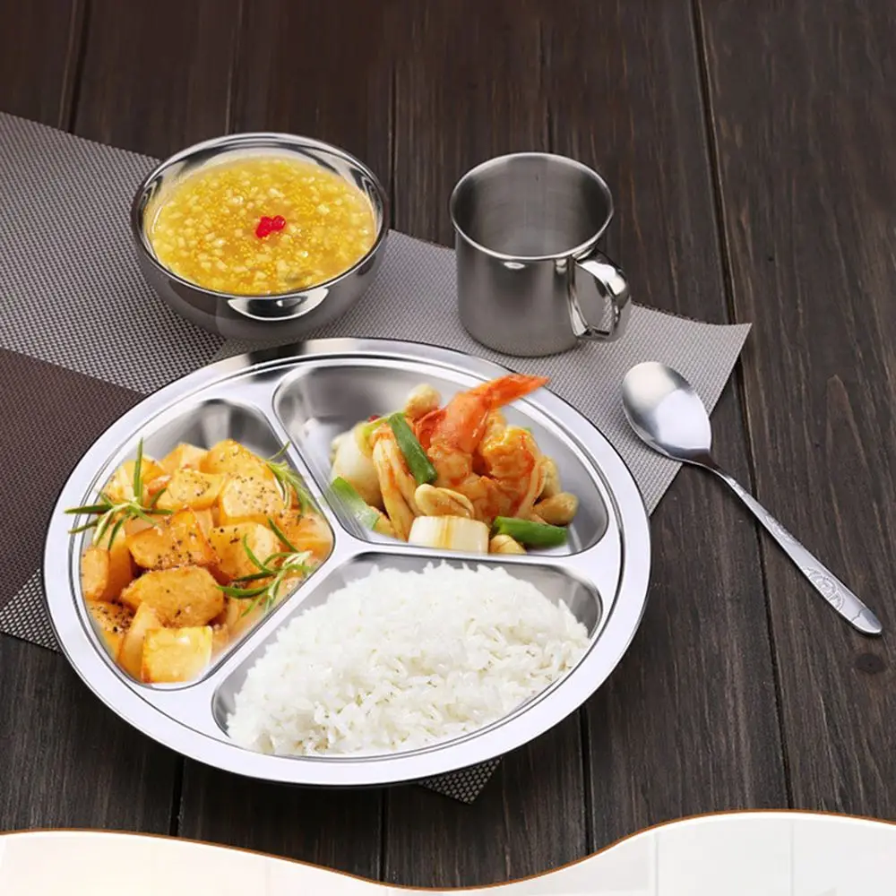 

Diameter 3 Sections Outdoor BBQ Canteen Tool Round Snack Divided Dish Lunch Tray Dinner Plate Stainless Steel