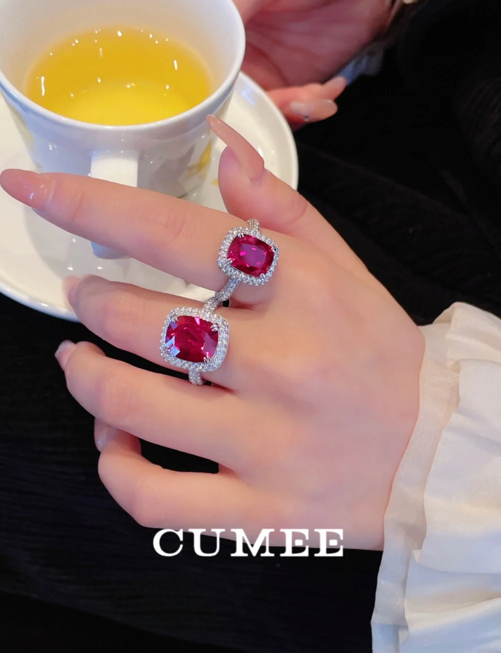 CUMEE Full Fire Color Small and Large Carat Cultivated Ruby Ring 925 Silver Plated Gold Rings for Women