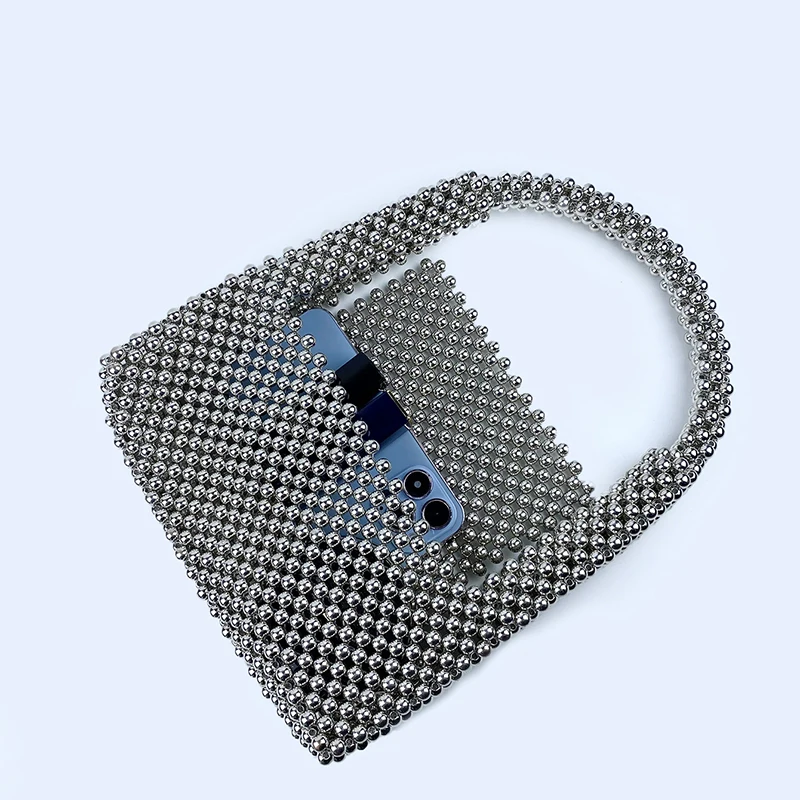 24 new niche design handbag bag silver imitation metal plating handmade glitter beaded bag is cool