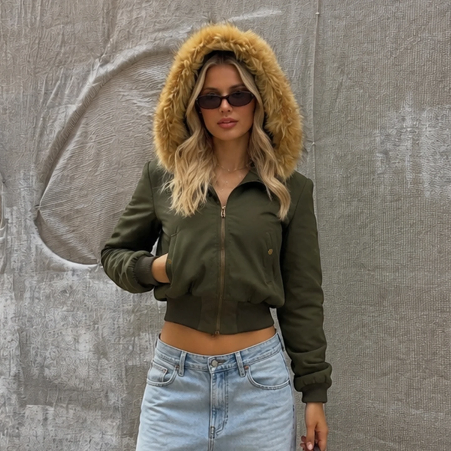 Women Faux Fur Hood Zip Up Cropped Bomber Jacket Winter Warm Short Outerwear Fashion Streetwear With Pockets Coat Vintage Chic