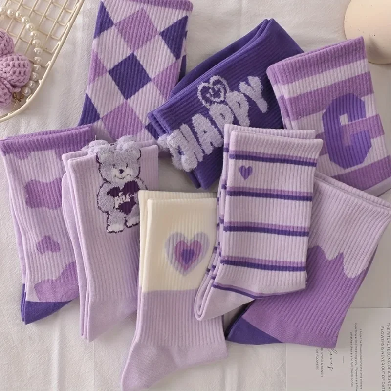 4/8/16/20 pairs of purple women's calf socks, designed for autumn and winter, long and stylish, suitable for daily use.