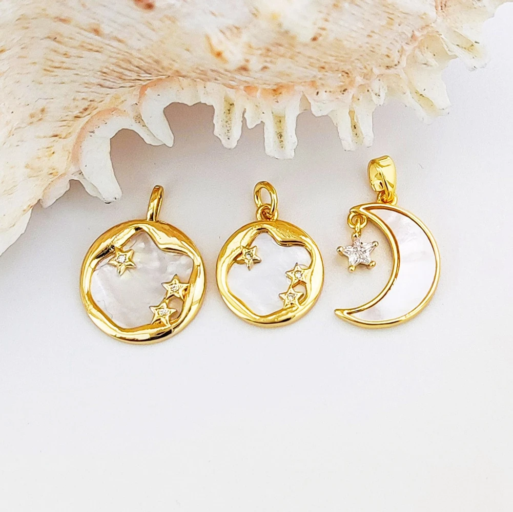 Gold Plated Inlay  White Mother of Pearl Stars Moons Pendants DIY Women Daily Party Gifts Handmade Jewelry
