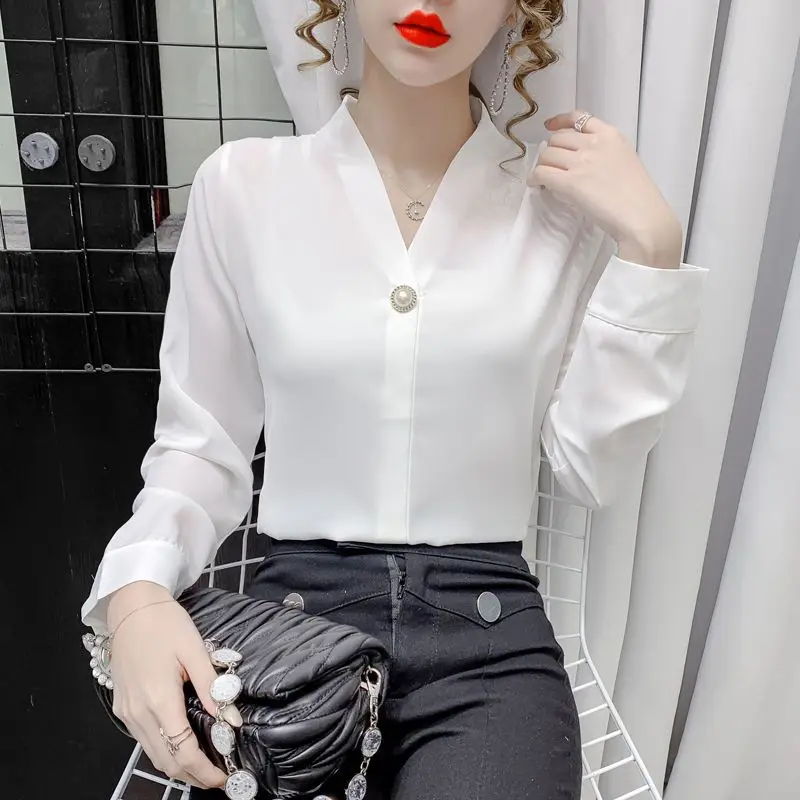 Women\'s Autumn Thin Fashion Simplicity Solid Color V-neck Long Sleeve Shirts Women Clothes Casual All-match Temperament Tops