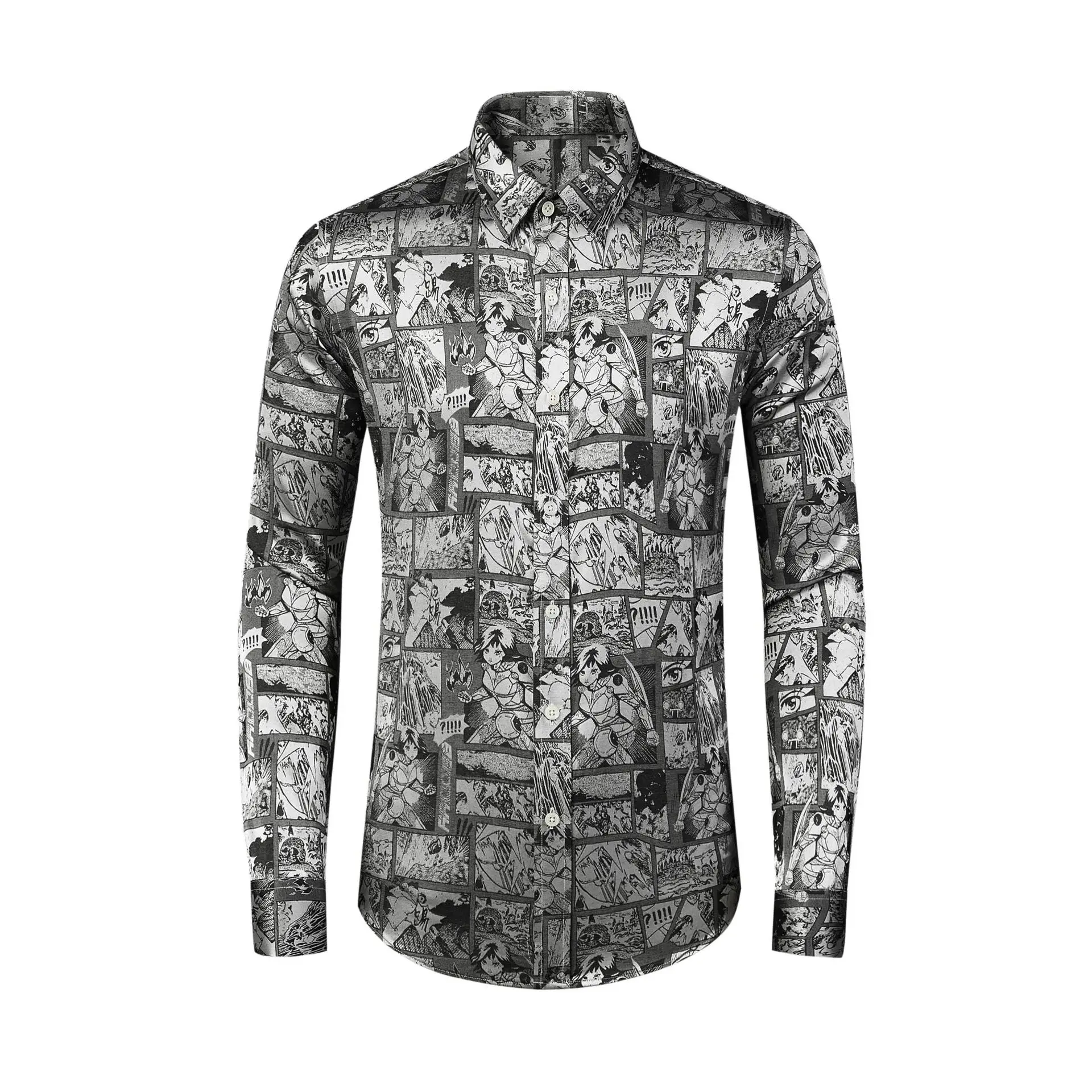 Autumn and Winter New Product Animated Pattern Full Jacquard Acetic Acid Blended Men's Shirt Fashion Long Sleeve Top