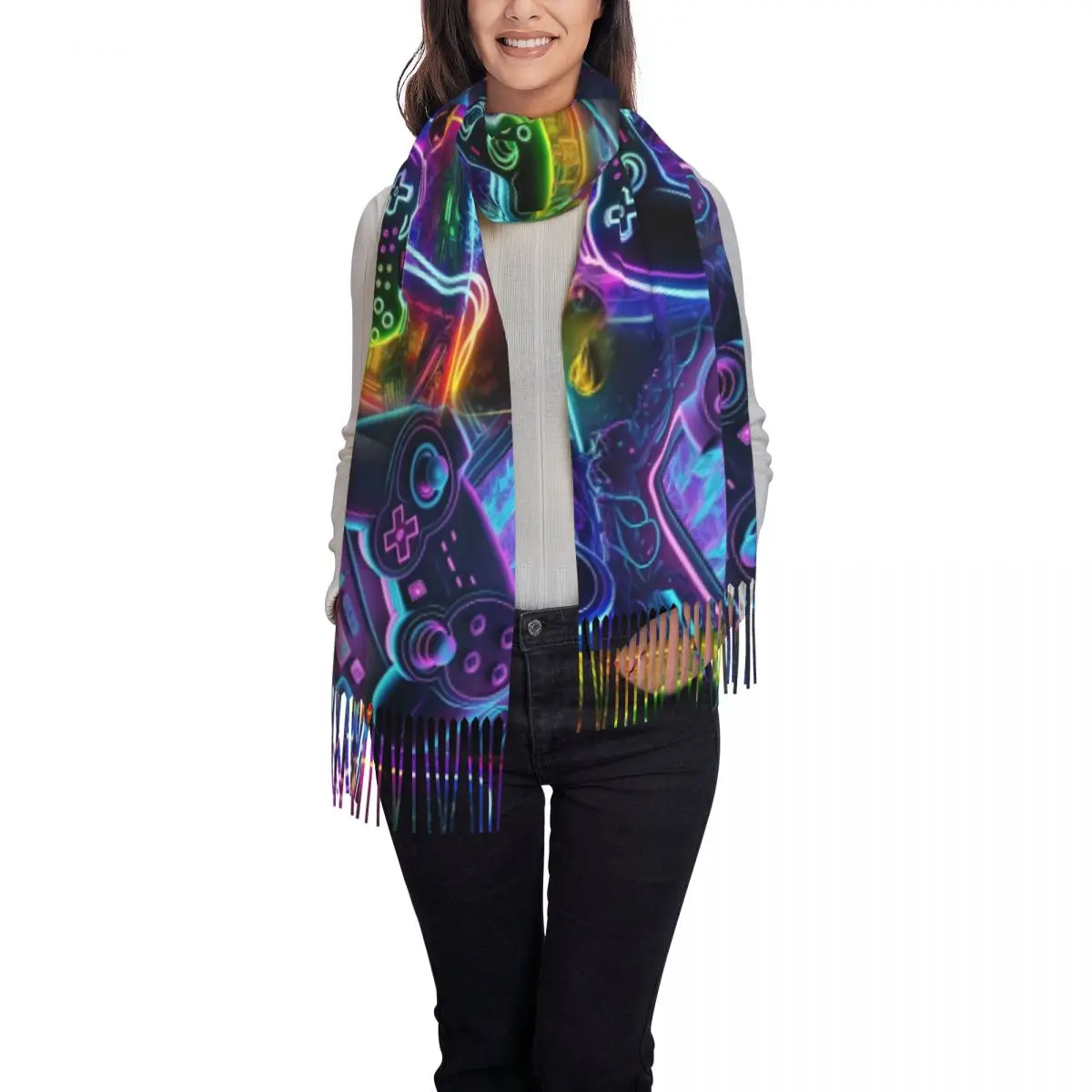 Neon Game Console Hand Controller Scarf Wrap for Women Long Winter Fall Warm Tassel Shawl Game Controller Pattern Scarves