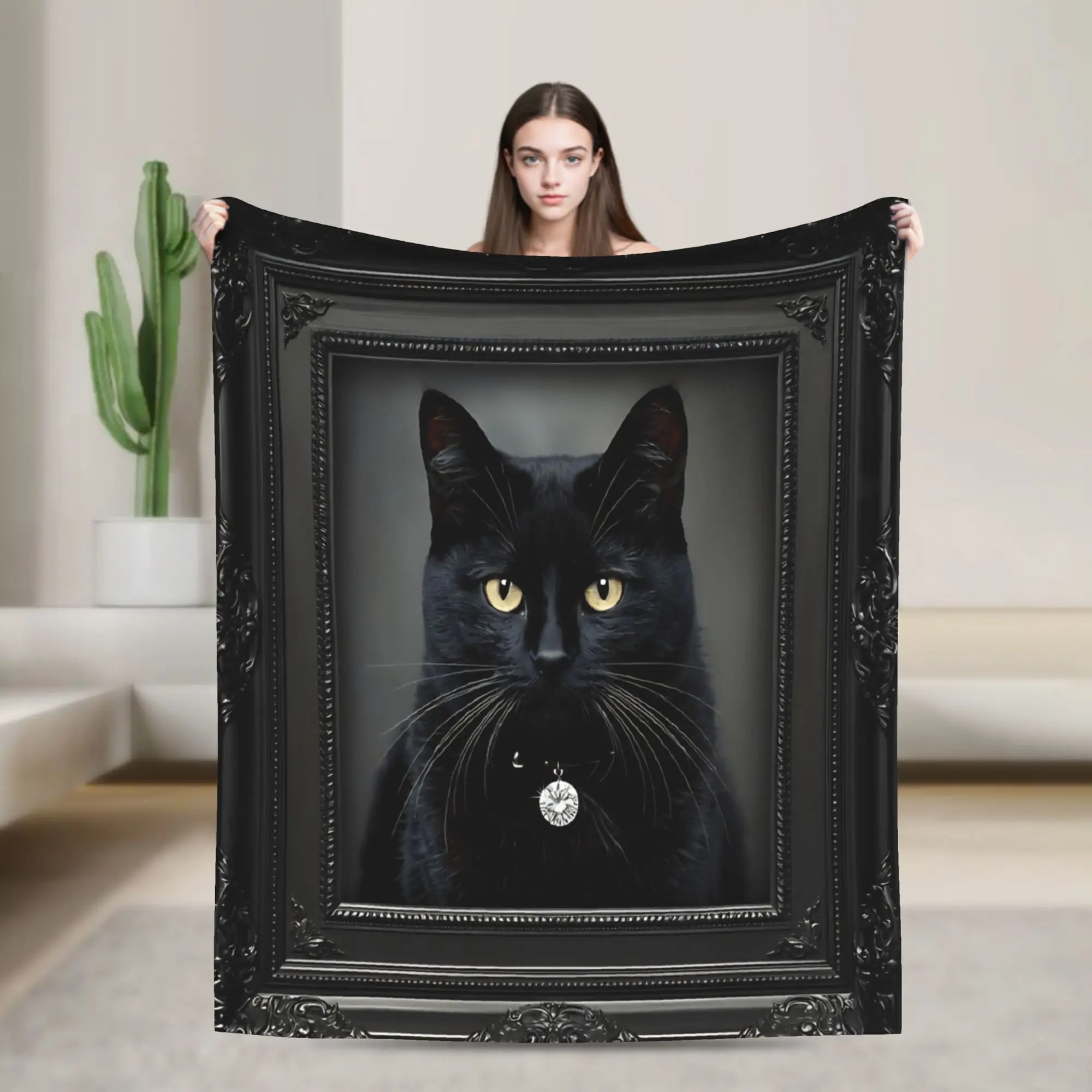 Cute Caroon Cat Portrait Photo Frame Art Blanket Quality Warm Comfy  Throw Blanket Winter Travel Sofa Home Funny Bedspread