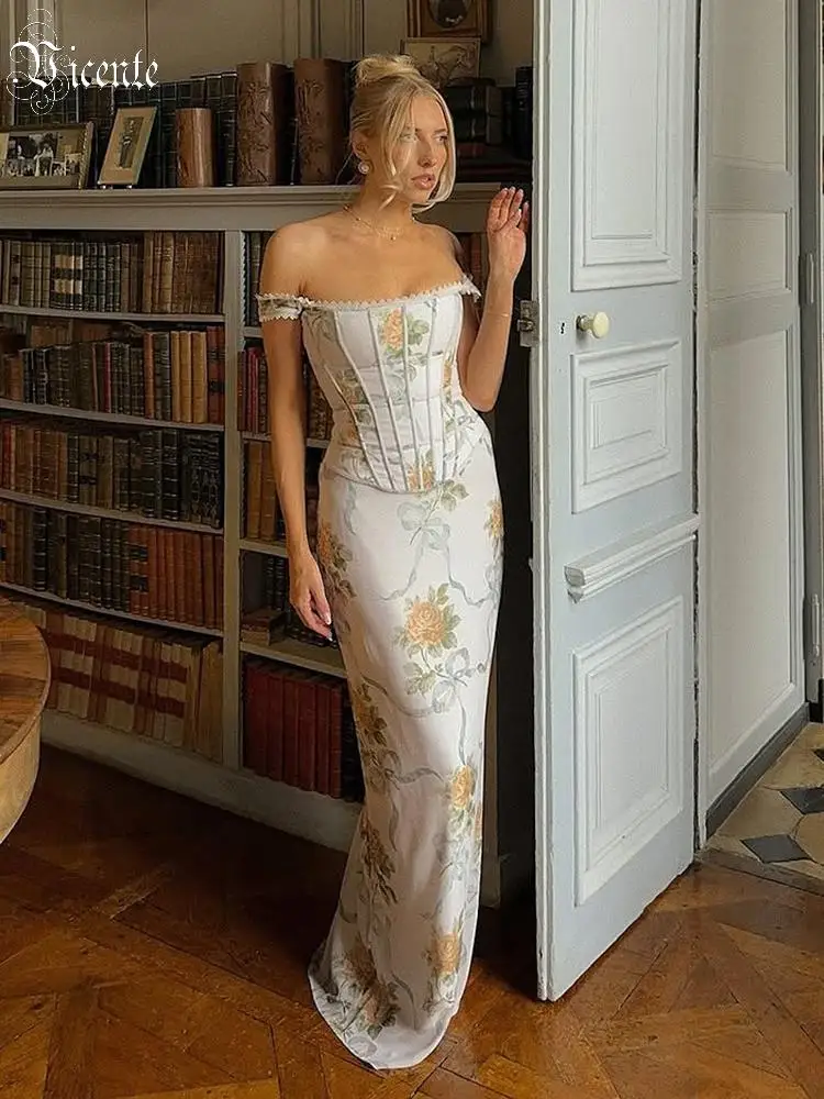 VC Garden romantique élégance blanc imprimé fleuri épaules dénudées robe à lacets mode Sexy robe Maxi
