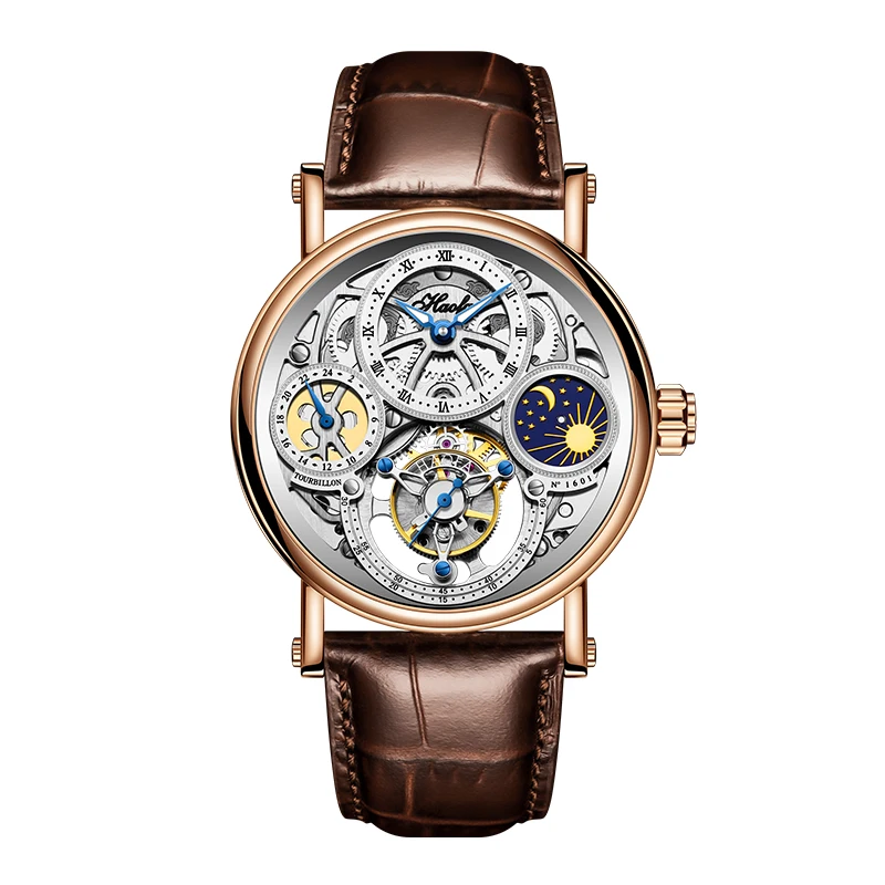 Haofa Skeleton Tourbillon Watch Man Mechanical Hollow Luminous Day and Night Painted Arabic Numerals Carve Luxury Leather 1601