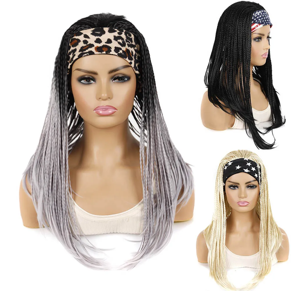 

Jeedou Wigs Twist Braids Hair Wig with Headkerchief Hairbands Black Gray Ombre Bohemian Style Women's Synthetic Wig Daily Use