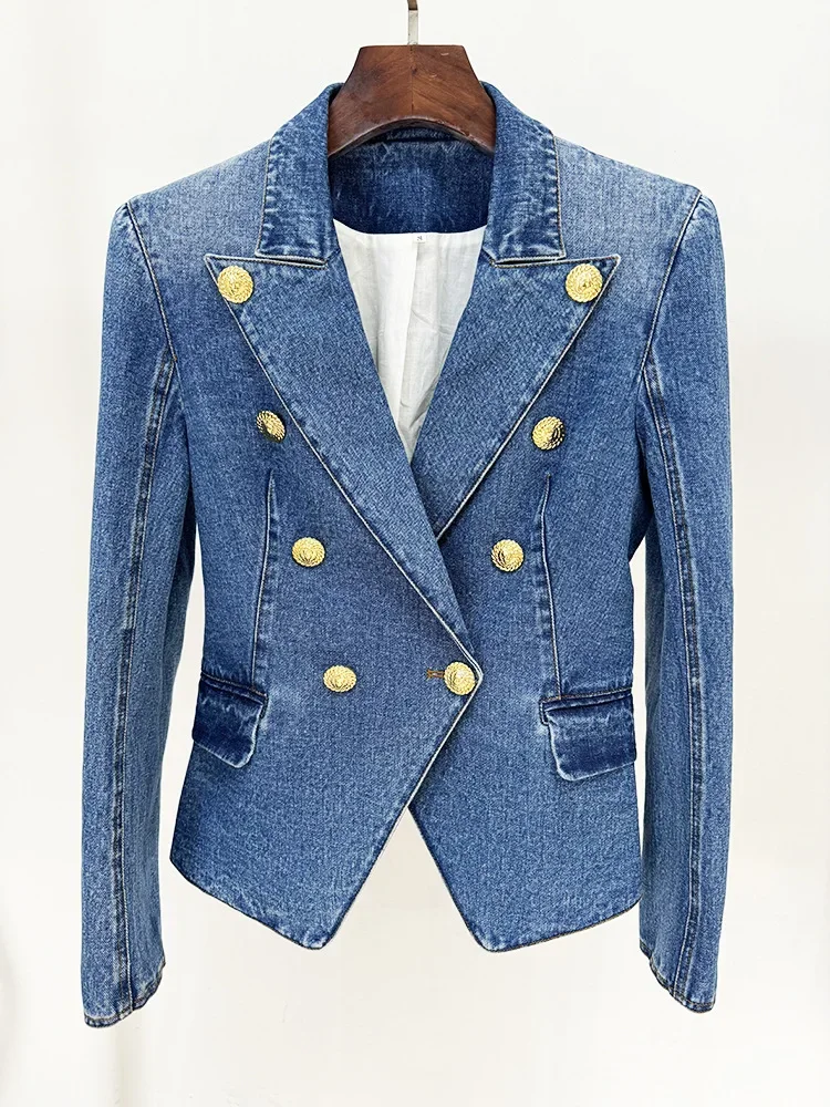 HIGH QUALITY Newest 2024 Designer Runway Blazer Women\'s Slim Fitting Double Breasted Lion Buttons Denim Jacket Mini Skirt