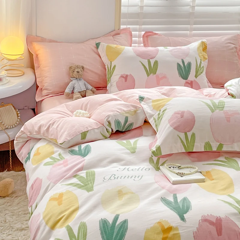 Floral Tulip Duvet Cover, Soft Cotton Comforter Cover Set with Zip Corner Cord, Pink Cute Bedding Set, All Season for Kids Women