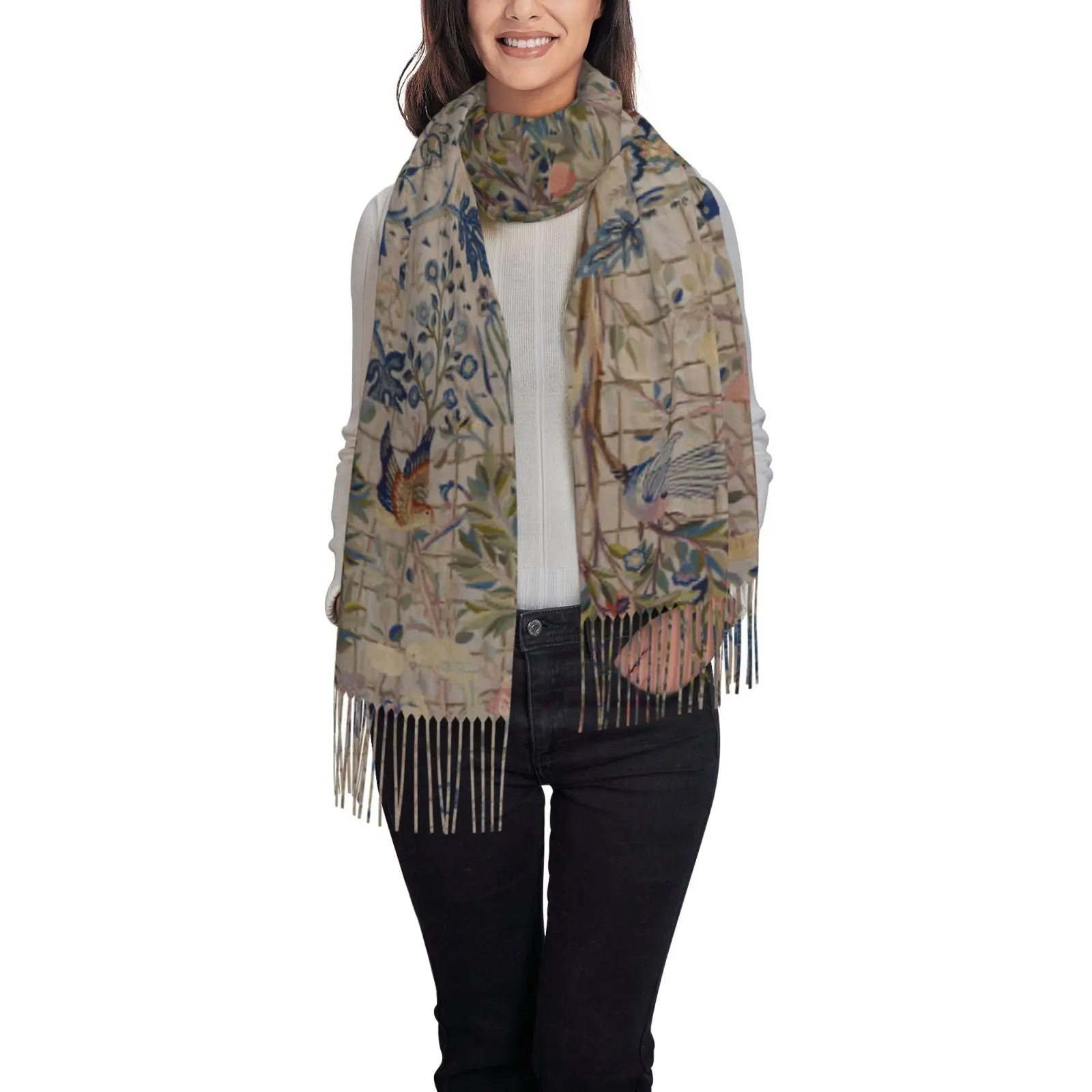 Women Vintage Botanical Bird Print Shawl Scarf, Antique Floral Tassel Large Wrap, Soft Fashion Ladies Art Cape Scarves