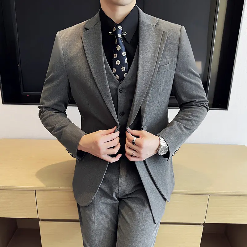 High-Quality Stylish Casual Double-Breasted Fashion Design Trendy Korean Slim Fit Three-Piece Suit Set