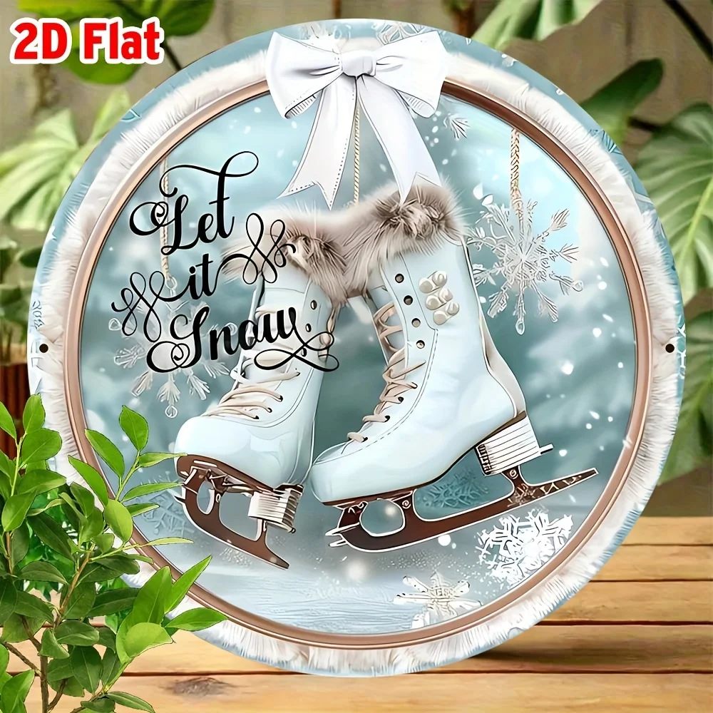 2D Flat - Round Aluminum Metal Sign for Winter Ice Skating, 8 Inches in Diameter, Perfect for Festive Wall Decor, Lightweight An
