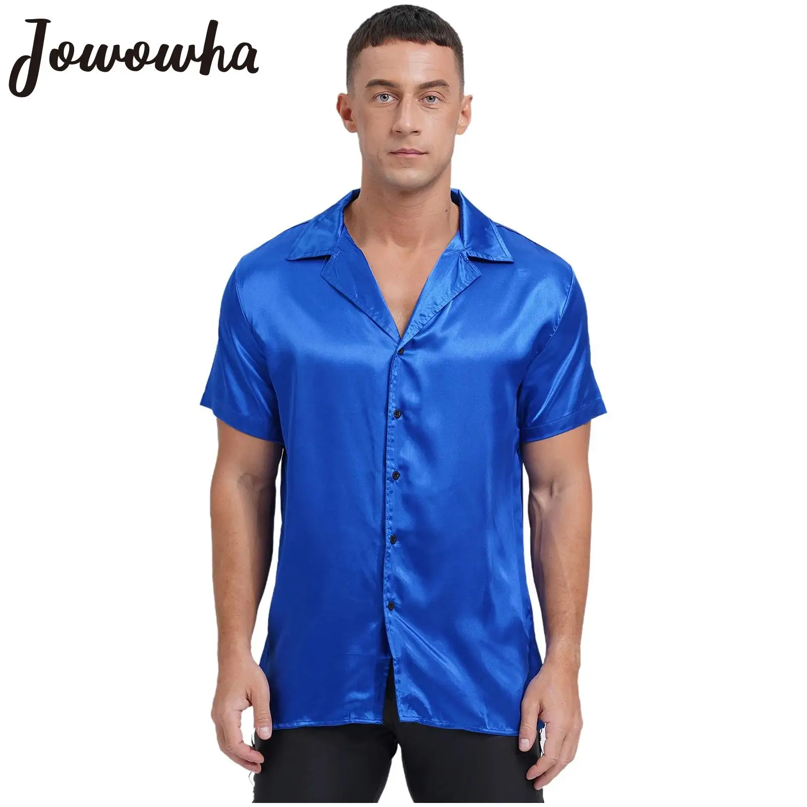 

Mens Summer Satin Shirts Notched Lapel Short Sleeve Button-up Shirt Loose Solid Color Tops for Club Party Office Work Daily Wear