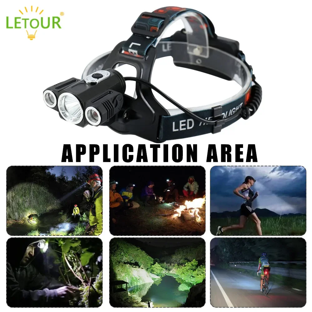 6000 Lumens Headlight 1* T6 LED Bulb and 2* R2 LED Bulbs 18650 Rechargeable Battery*2 for Camping Hiking Fishing Running Hunting