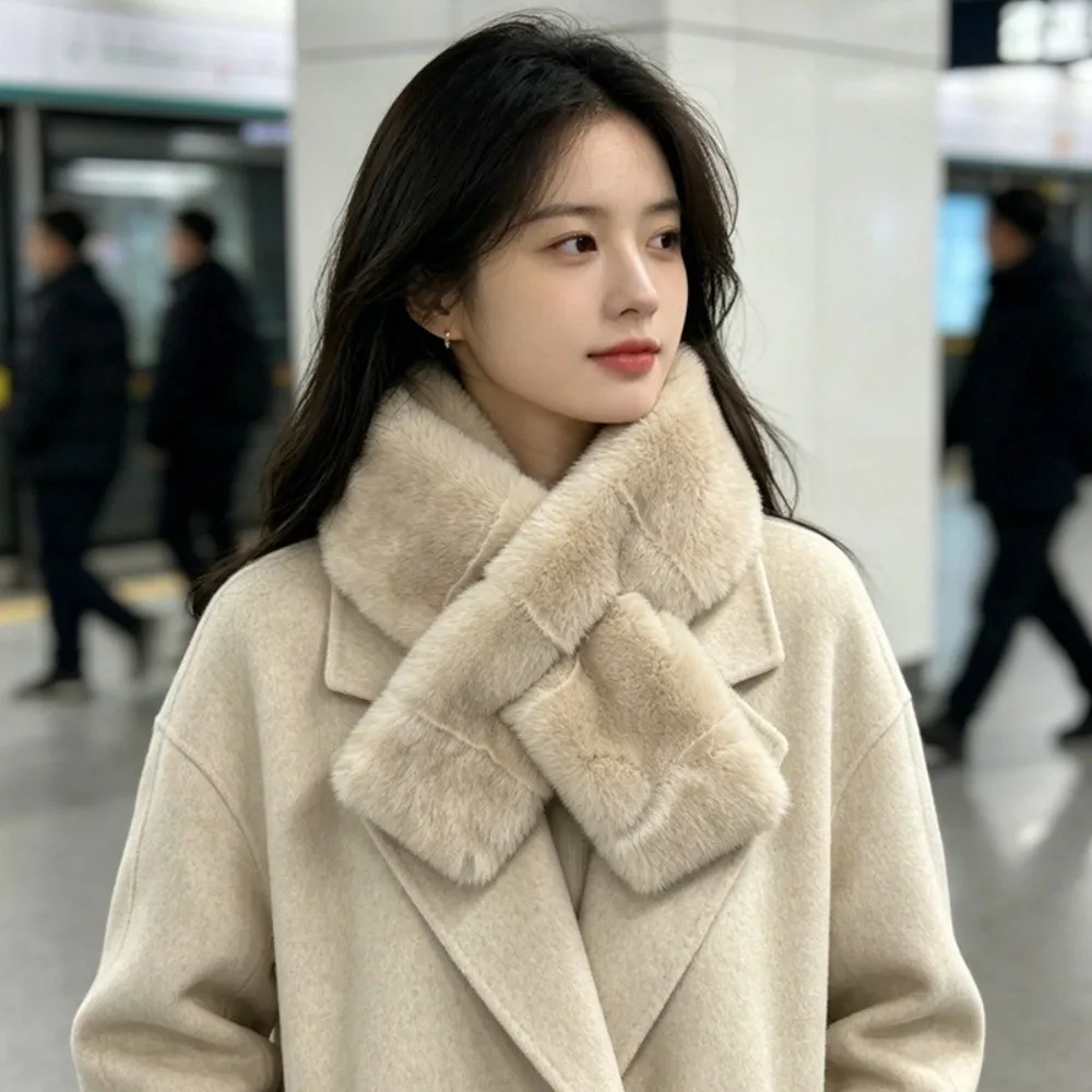 New Thickened Faux Rabbit Fur Scarf Furry Soft Cross Scarf Cross Collar Design Neck Warmer Scarf Women Girl