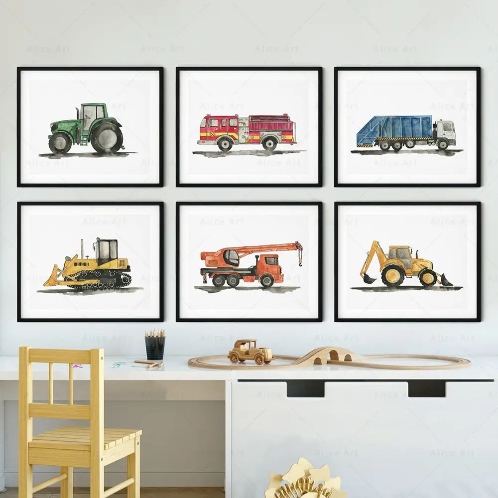 Watercolor Child Toy Car Poster Construction Truck Fire Engine Ambulance Canvas Painting Nordic Wall Art Picture Kids Room Decor