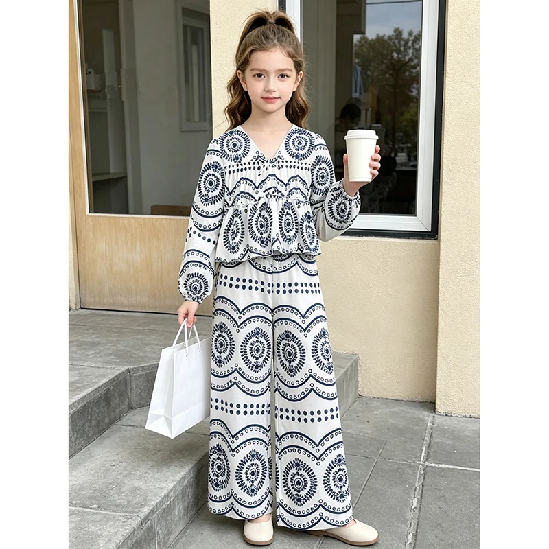 Kid Girls 8-12 Bohemian Outfit, Long Sleeve Floral Print Top & Loose Wide Leg Trousers, Breathable Daily Casual Clothes