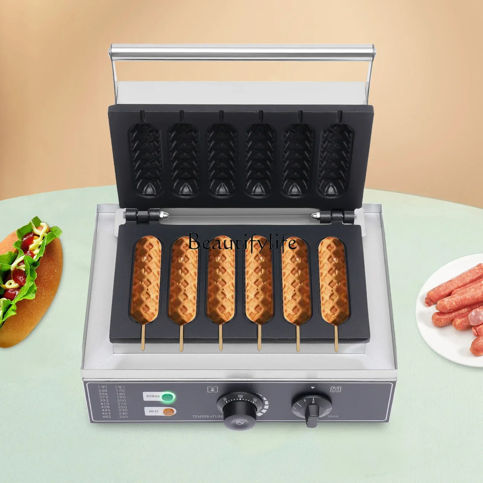 1500W  Hot Dog Machine,6 Molds,with Time and Temp Control Non-stick Waffle Maker Upper and Lower Heating Plates EU 220V