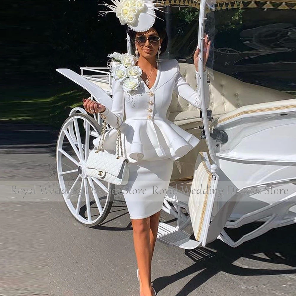 Mini Short Ivory Cocktail Dress Sheath V Neck Cocktail Gown For Women Long Sleeves For Wedding Party Gown With Flowers