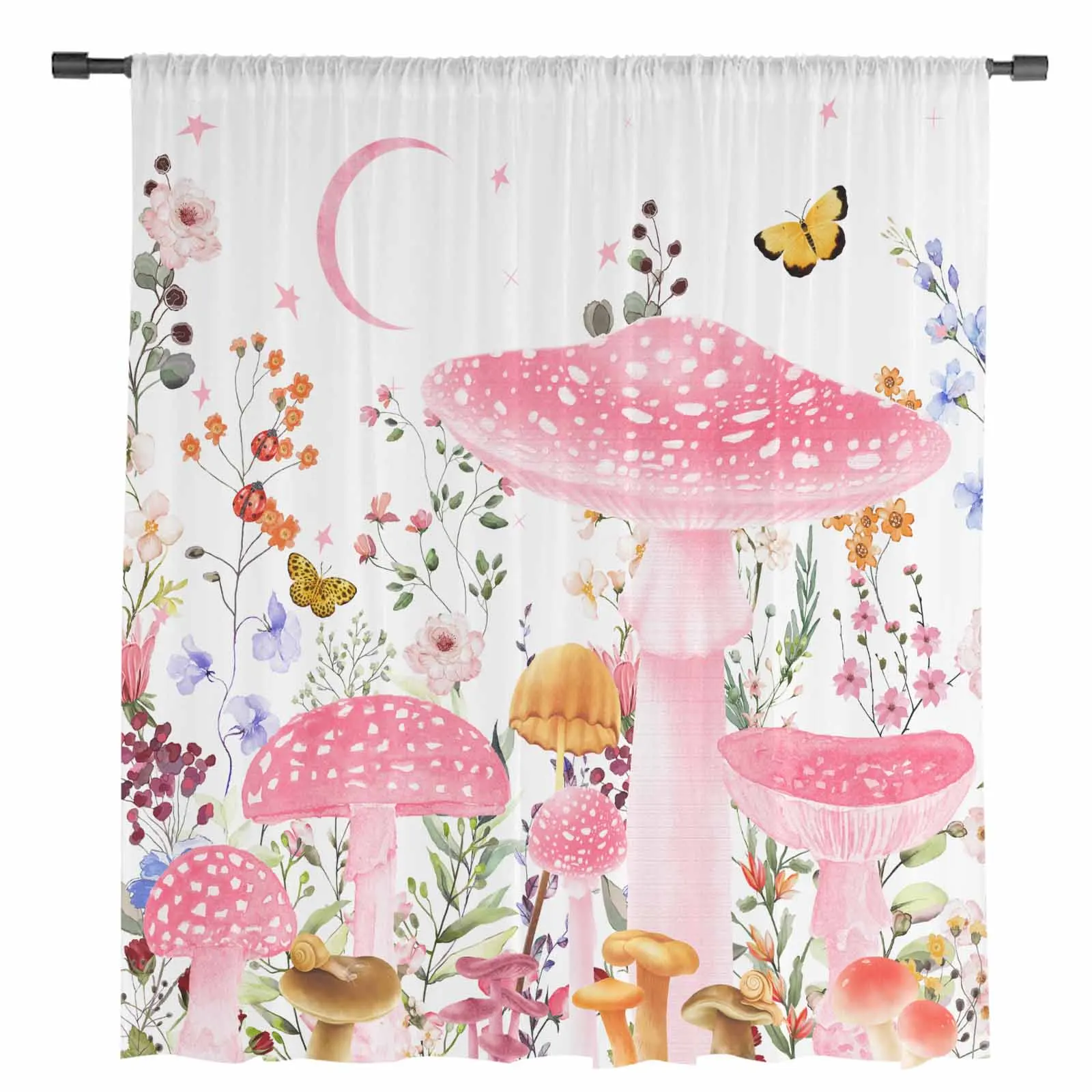 Pink Mushroom Plants Butterflymoon Watercolor Sheer Curtains for Living Room Decor Window Curtains Kitchen Tulle Voile Curtains