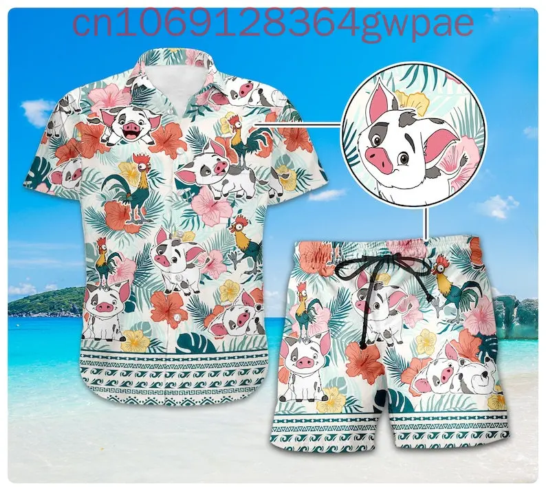 Disney Moana Men Women Hawaiian Shirt Hei Hei Pua Hawaii Shirt Summer Beach Shirt Princess Moana Short-sleeved Suit