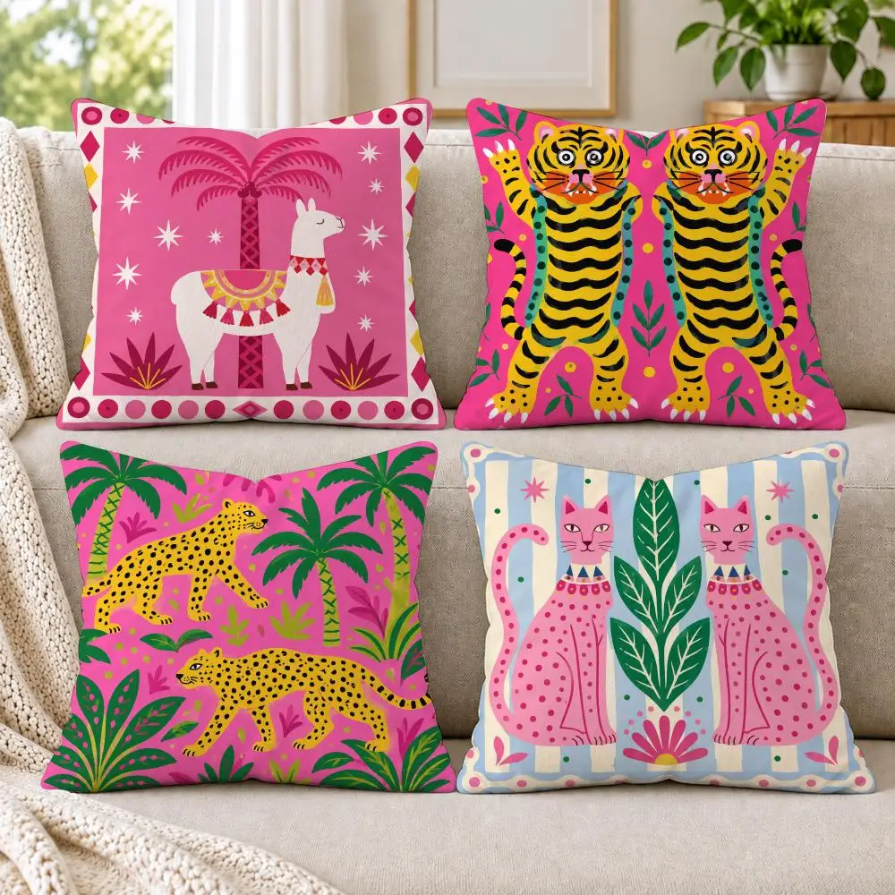 Pink Whimsical Animal Pattern Cushion Cover Soft Short Plush Pillow Cases Hidden Zipper Cutecore Sofa Bedroom Home Decor Gift
