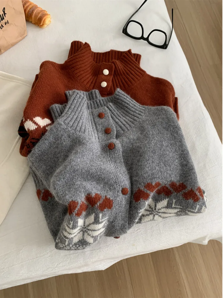 

Зимний жаккардовый шерстяной свитер Fair Isle с высоким воротником, женский теплый вязаный кардиган на пуговицах