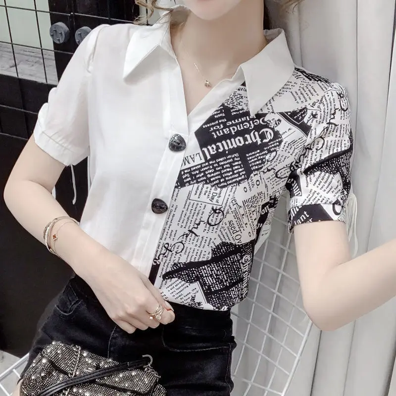 Patchwork Contrast Blouse Summer New Short Sleeve Asymmetrical Printing Slim Elegant Shirt Tops Fashion Casual Women Clothing