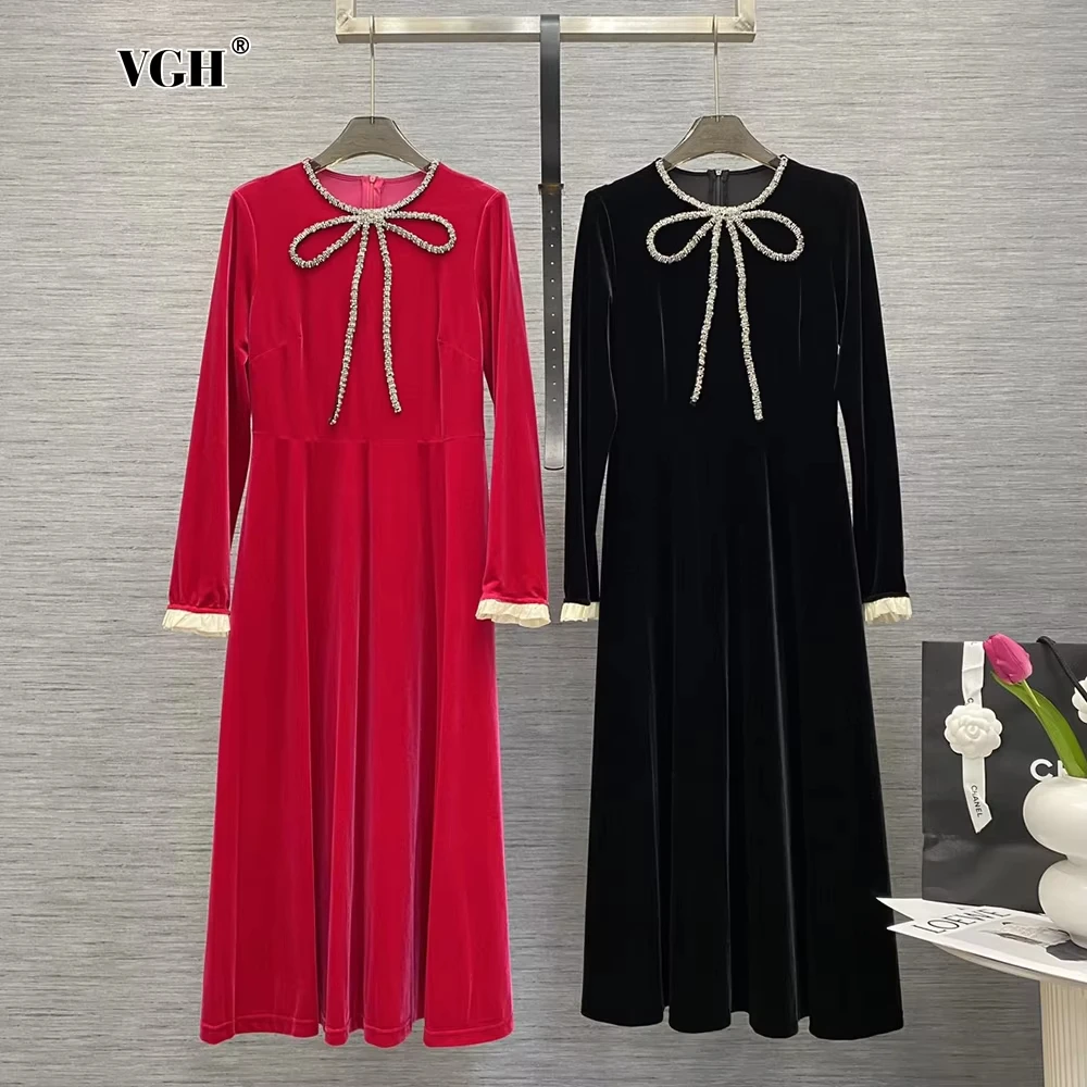 

VGH Patchwork Diamonds Elegant Velvet Dress For Women Round Neck Long Sleeve High Waist Spliced Belt Temperament Dresses Female