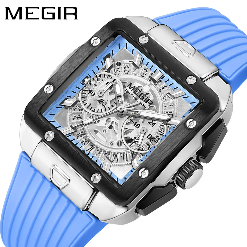 Reloj MEGIR 2228 de cuarzo a la moda para hombre, esfera cuadrada, correa de silicona, cronógrafo multifunción resistente al agua, relojes deportivos luminosos para hombre