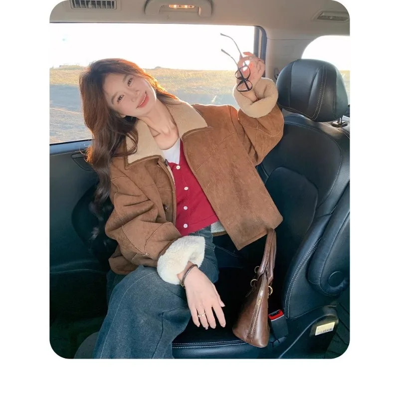 معطف فرو عكسي من قطعة واحدة من صوف امبسوول للنساء لخريف جديد أوائل الشتاء سترات قصيرة سميكة من جلد الغزال #5