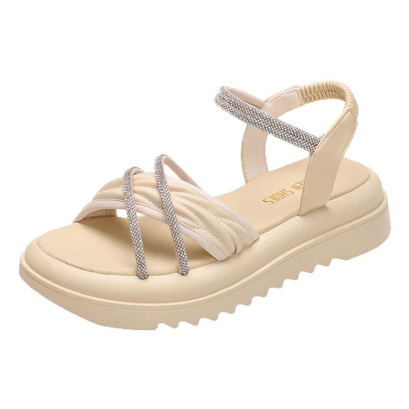 Wearing Thick Soled Sandals for Women In The  Summer Korean Version of Fashionable Fairy Feng Shui Diamond Elastic Beach Sandals
