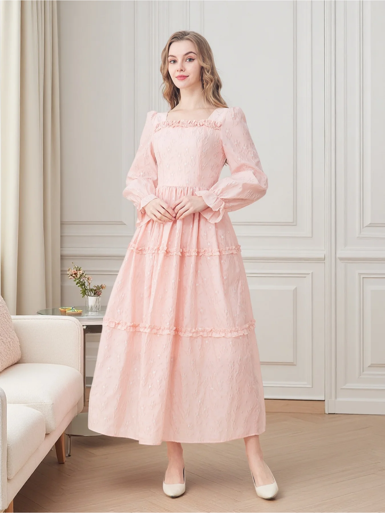 

French Vintage Elegance Plus Size Dress - Audrey Hepburn-Inspired Waist-Defining A-Line Floral Print V-Neck Slimming Maxi Dress