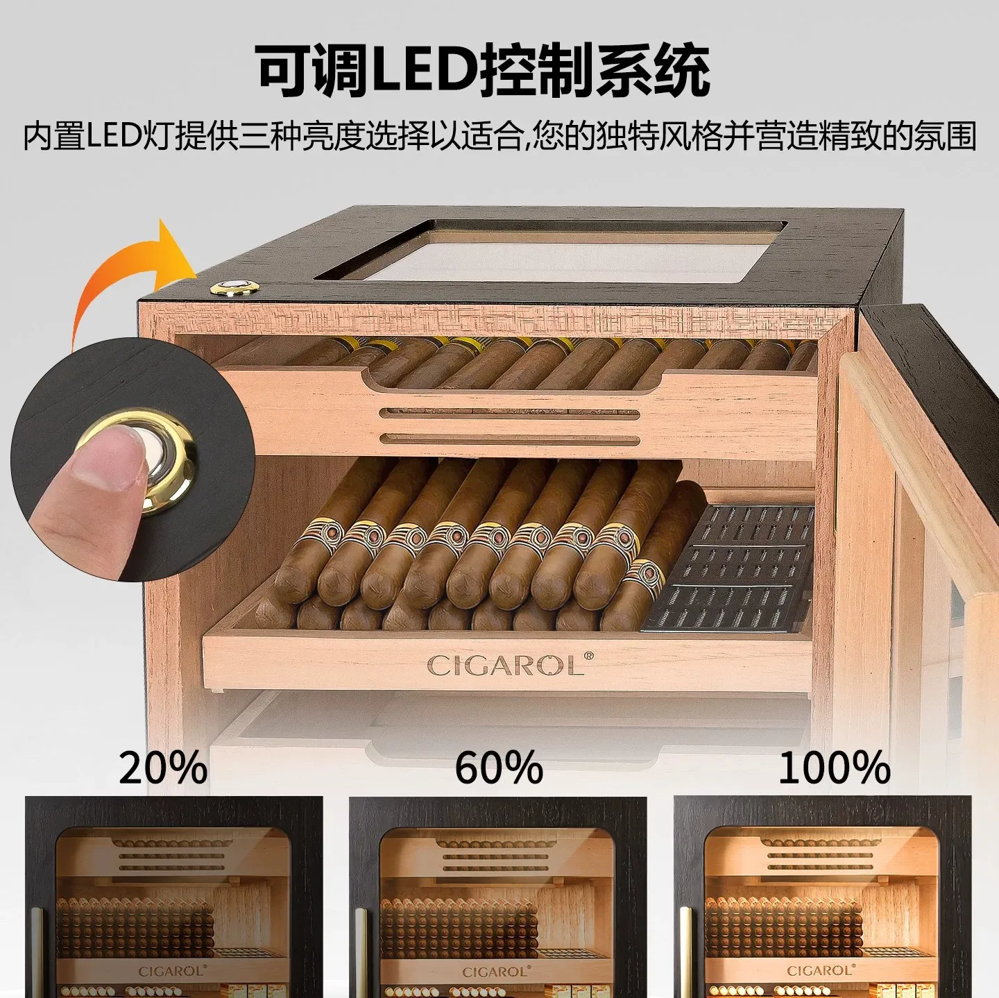 Cedar cigar cabinet, deep black walnut cigar moisturizing cabinet, 4-layer large capacity cigar cabinet with ambient light