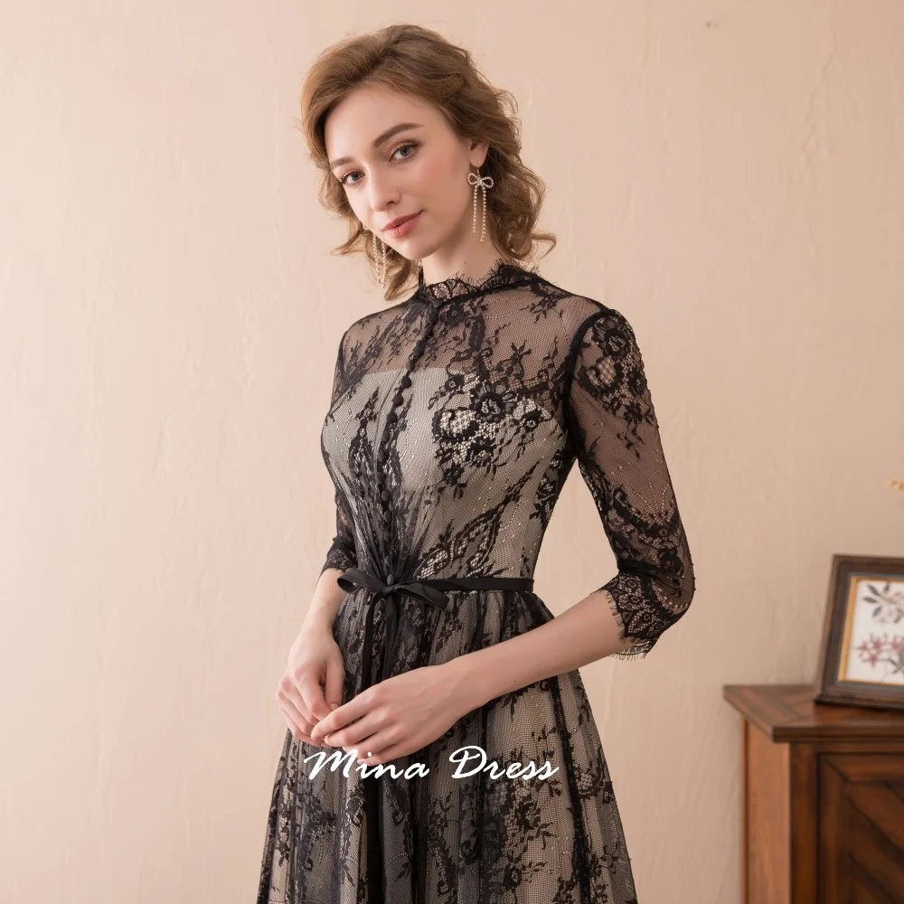 Mina Maßgeschneidertes, elegantes, halbtransparentes Spitzen-Abendkleid mit Rundhalsausschnitt, Dreiviertelärmeln, bodenlanger Schleppe, formelles Ba – Detail 6
