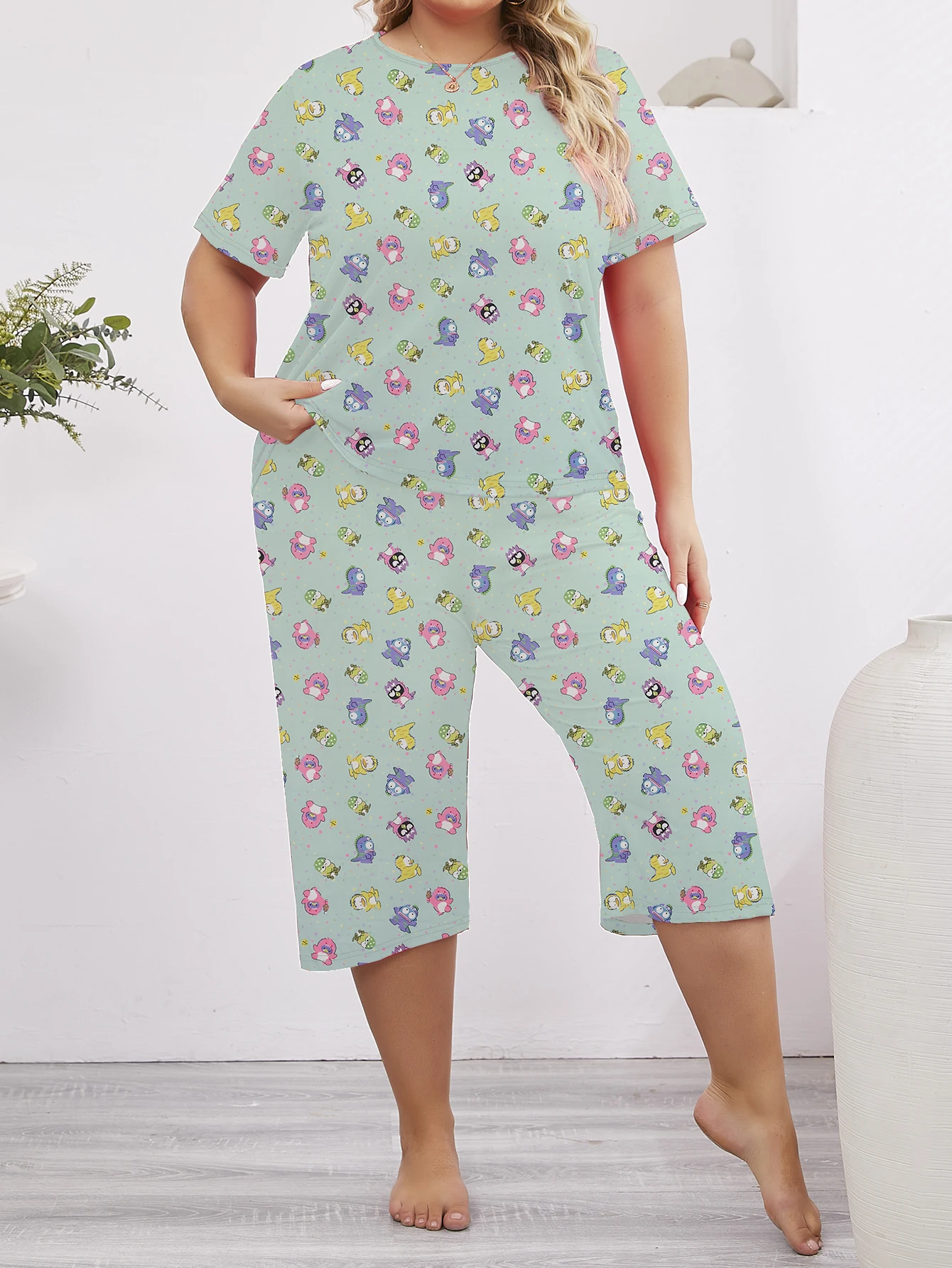 Summer casual fashion plus size women\'s pajamas set T-shirt&cropped pants home clothes 2-piece set