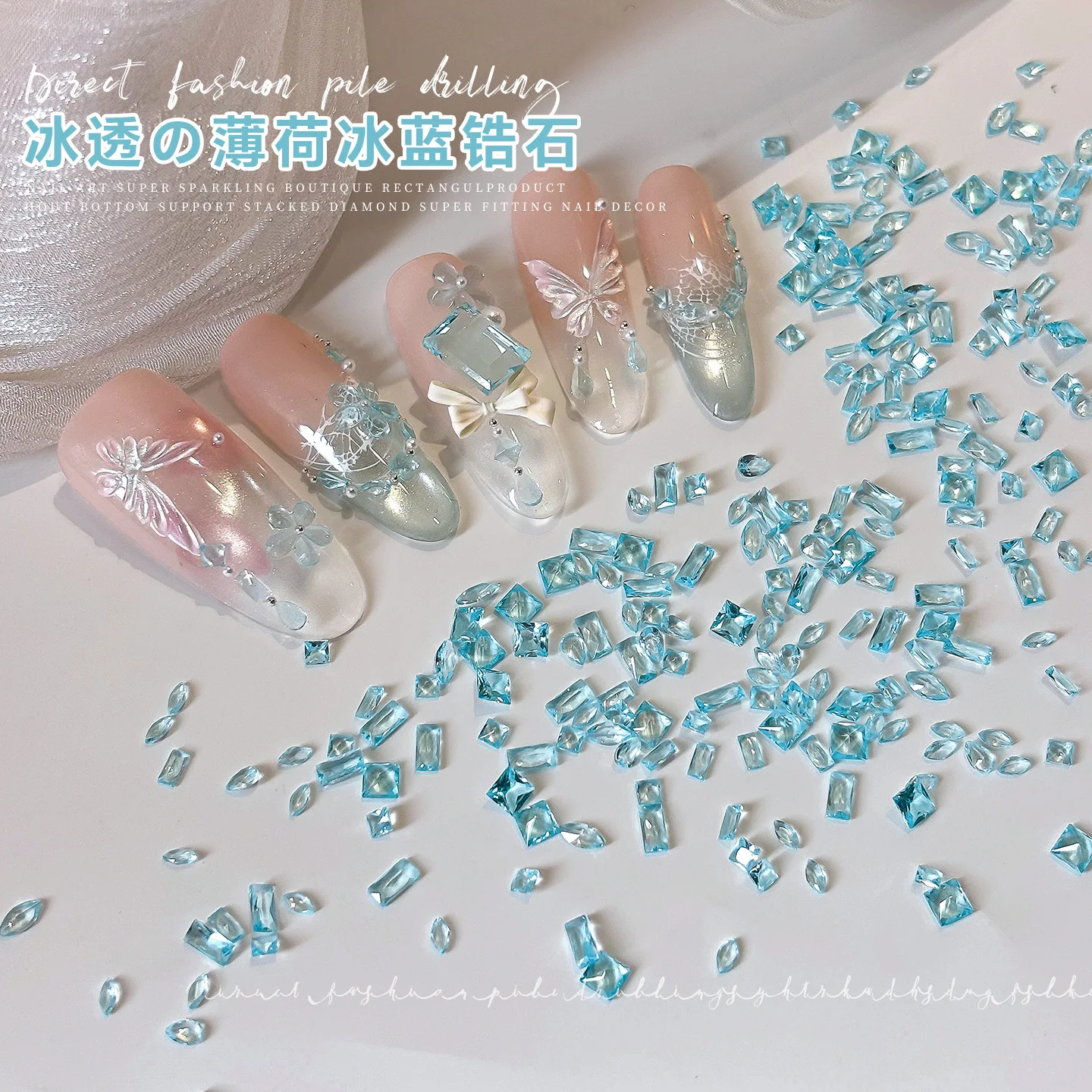 50PCS Ice Transparent Mint Blue Mini Zircon Nail Charms Mix Rectangle Oval Rhinestones Shiny Diamond Manicure Decor Accessories