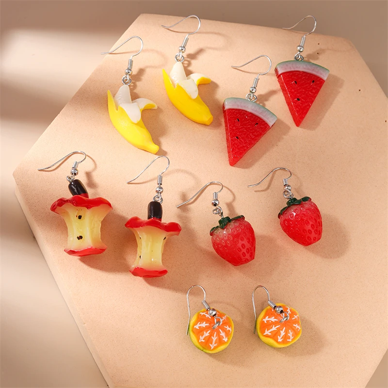 5 Paar/Set Zufällige Niedliche 3D-Frucht-Ohrhänger für Frauen, Harz-Ohrringe mit Apfel, Erdbeere, Banane, Hängende Ohrringe, Schmuckgeschenke für Mädchenpartys – Detail 4