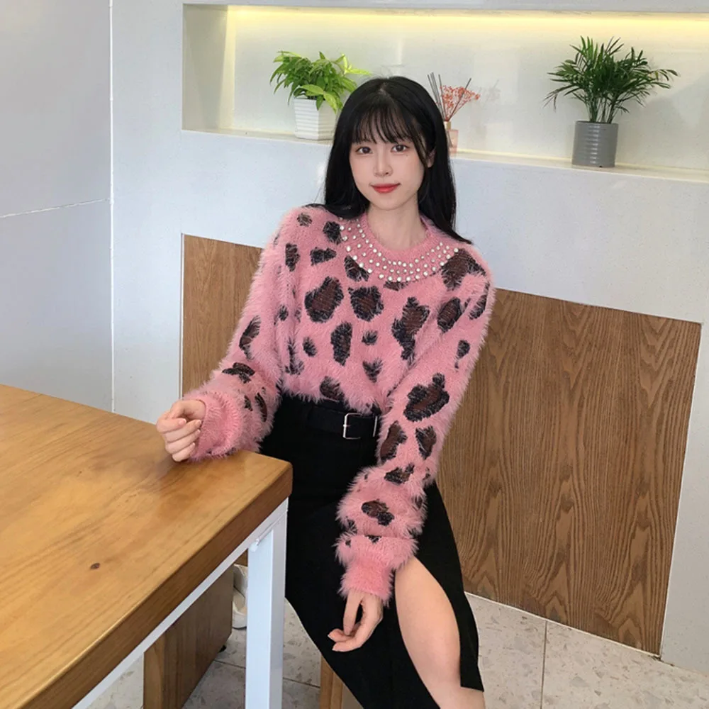 2022 Winter Clothing Women\'s Pullover Loose Fashion Sweater Korean Leopard-Print Rhinestone O-Neck Jumpers Long Sleeve Knit Tops